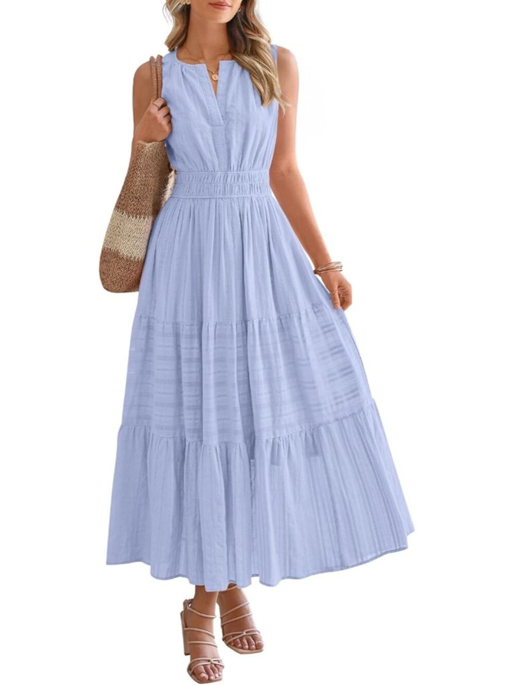 Women's Light Blue Sleeveless Boho V Neck A LINE Casual Imported Maxi Dress